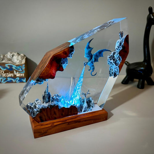 Carved resin ice dragon lit from within