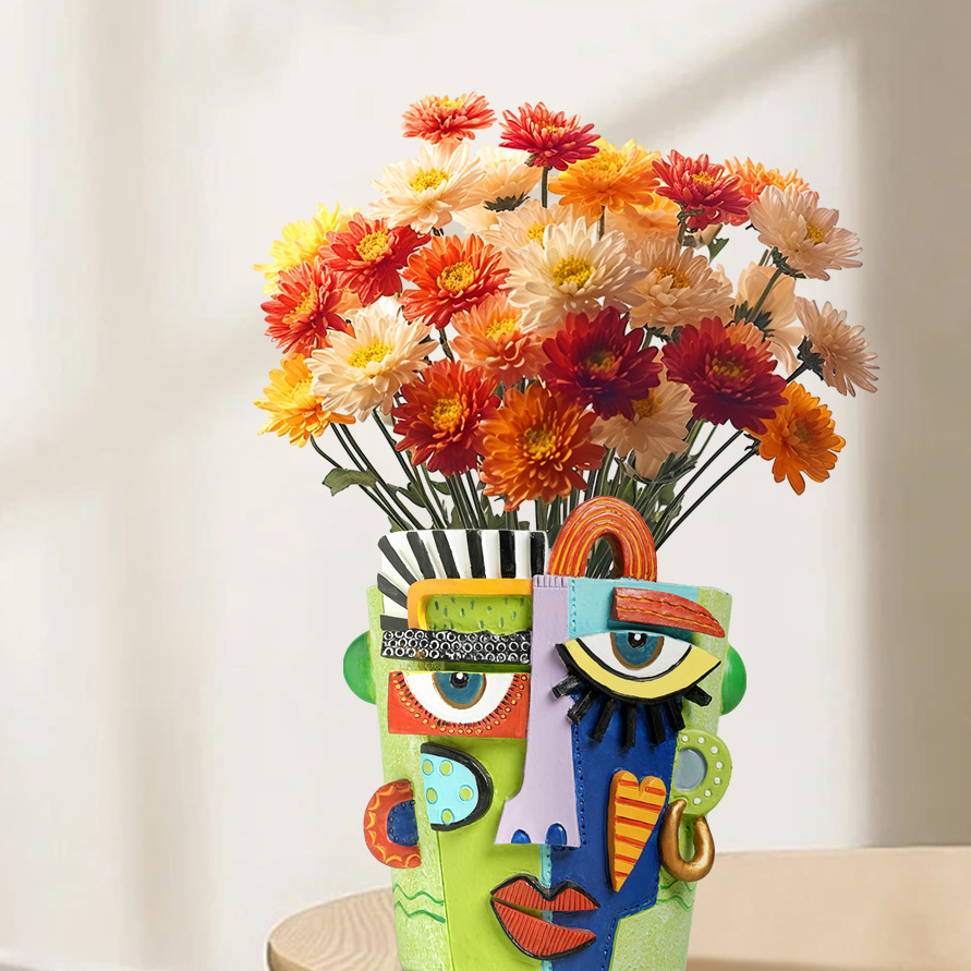 Creative Abstract Face Planter, Fauvist-Style Flower Arrangement, Home Planting Pot Decor