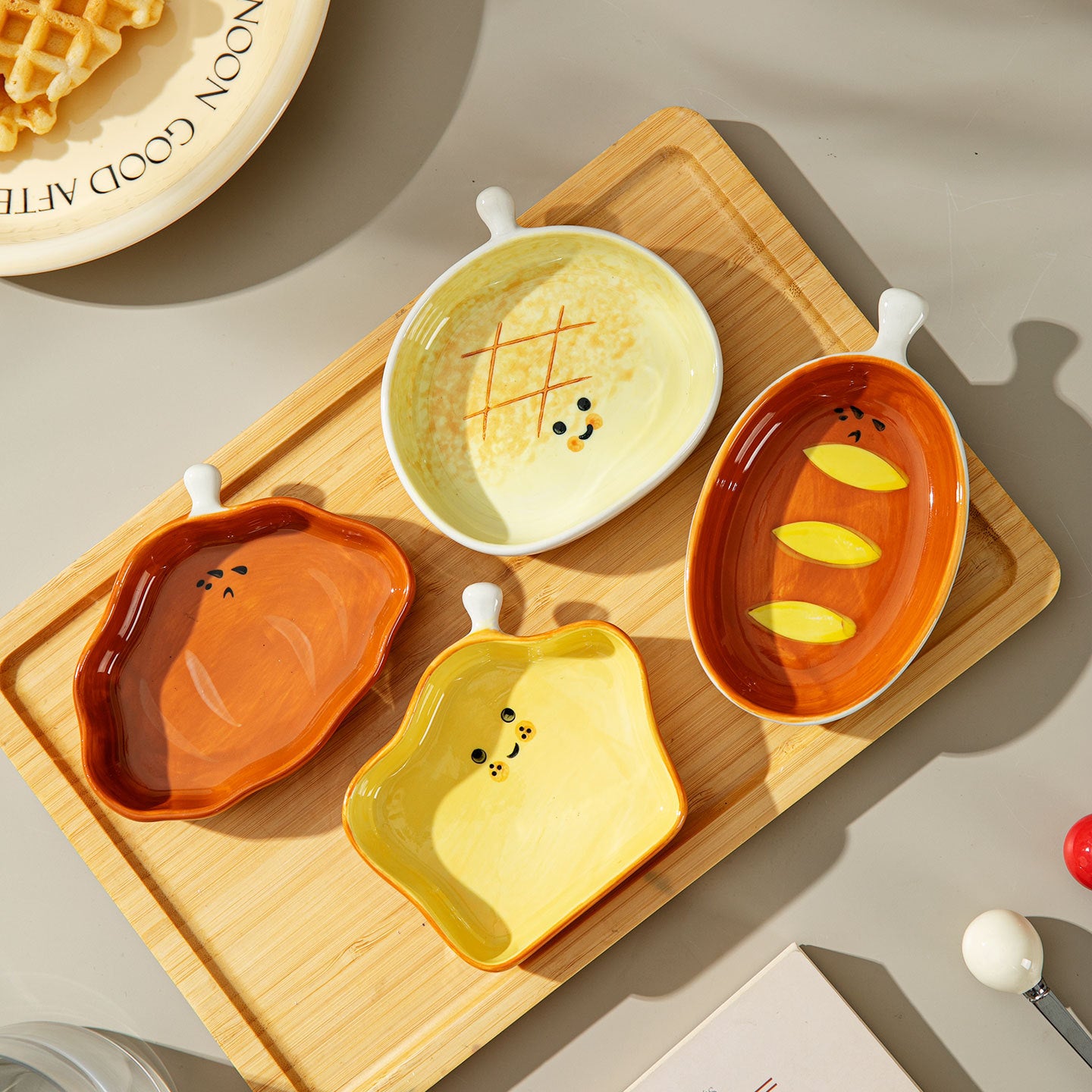 Hexagonal ceramic dessert plates with bread prints under the glaze