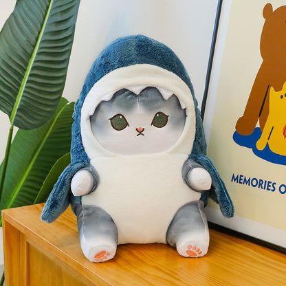 Peluche chat-requin, jouet et coussin