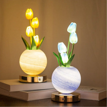 Silk tulip bouquet lamp lit from a planet-shaped pot