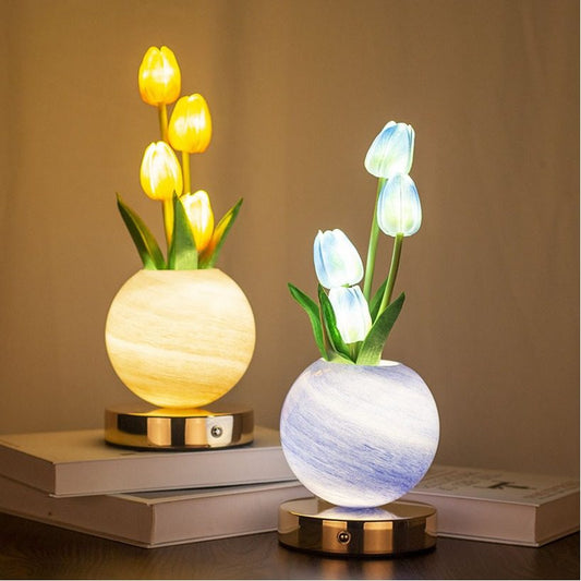 Silk tulip bouquet lamp lit from a planet-shaped pot