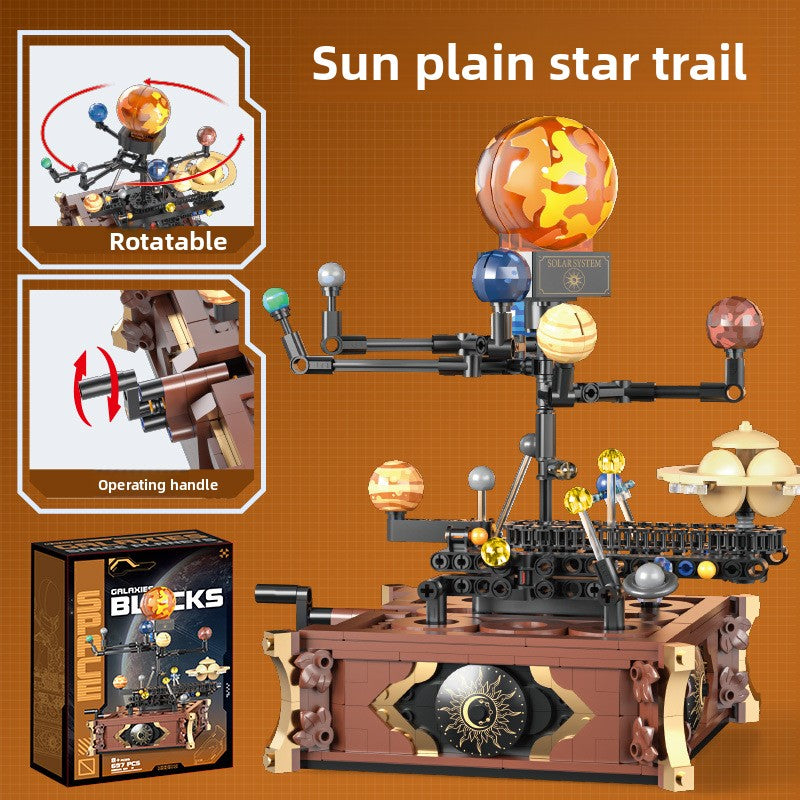 Hand-cranked solar system model built from blocks