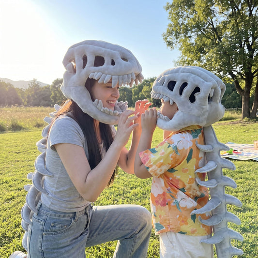 Plush T-Rex head hat with a soft skeleton spine