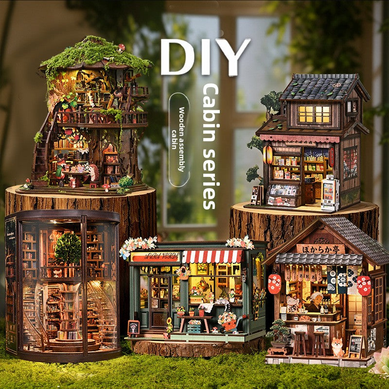 Laser-cut wooden miniature house scene with UV-printed detail