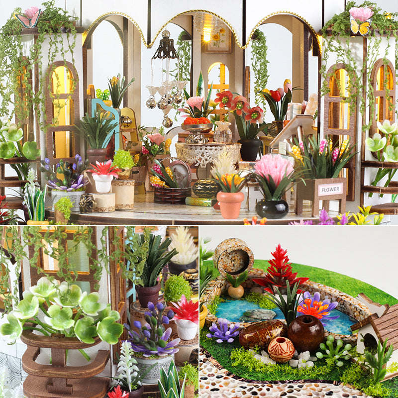 Kit de casa de madera DIY con jardín en la azotea