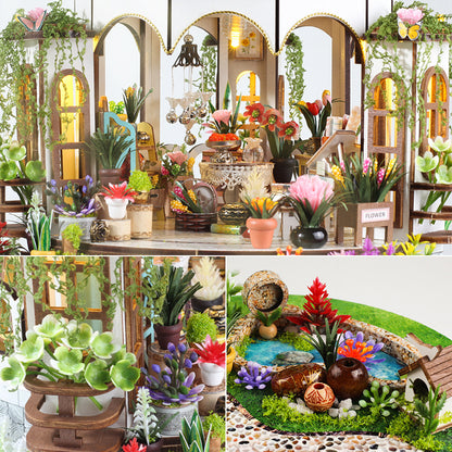 Kit de casa de madera DIY con jardín en la azotea