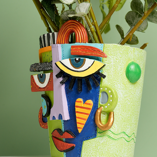 Creative Abstract Face Planter, Fauvist-Style Flower Arrangement, Home Planting Pot Decor