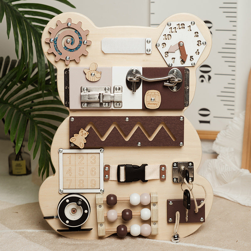 Wooden Montessori busy board with locks, gears and latches