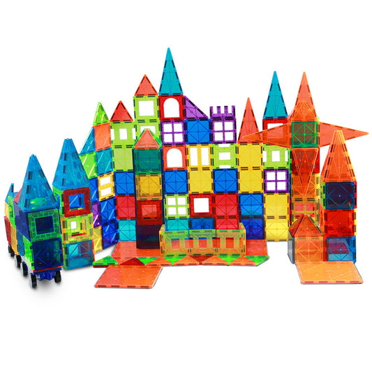 Translucent magnetic building tiles in bright colours